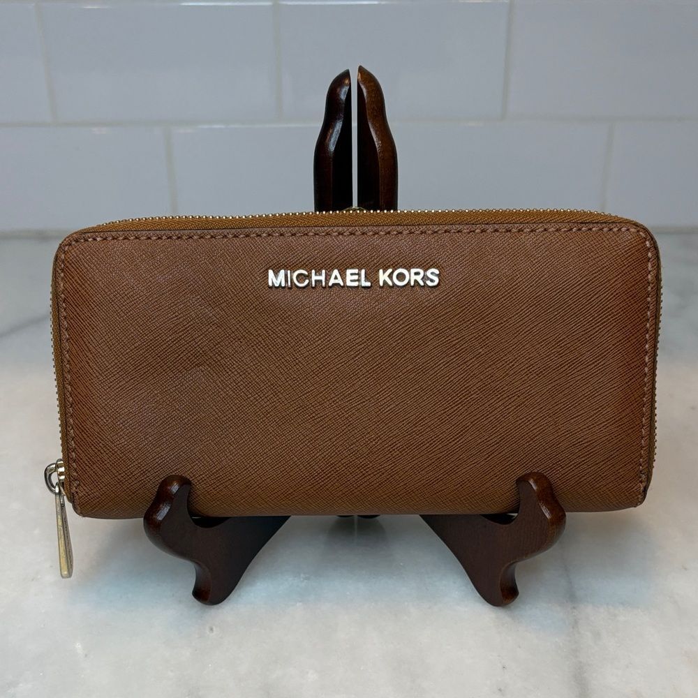 Michael Kors Brown Zip-Around Leather Wallet with Gold Logo